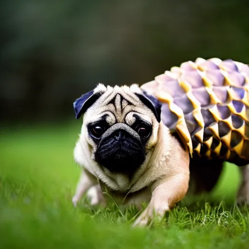 Image similar to a Pug with the armor of a pangolin, national geographic photograph