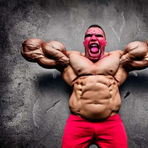 Image similar to huge muscles bodybuilder toddler, angry, ready to fight, red face, 2 years old, barrel chested, rippling muscles, huge veins, bulging muscles, ripped, award winning photography, high detail