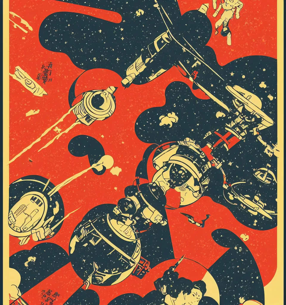 Prompt: a propaganda style poster for space travel. in the style of Ukiyo-e, and Shepard Fairey, .