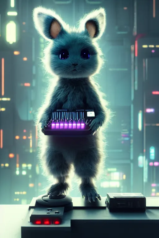 Image similar to high quality 3 d render very cute fluffy cyborg!! mouse plays keyboard, cyberpunk highly detailed, unreal engine cinematic smooth, in the style of blade runner & detective pikachu, hannah yata charlie immer, moody light, low angle, uhd 8 k, sharp focus