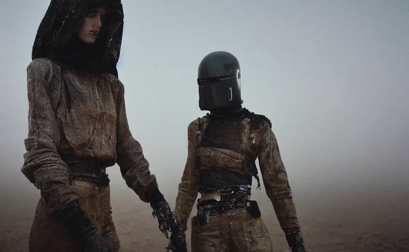 Prompt: cinestill 5 0 d photographic portrait by helen levitt of two loving female androids wearing rugged black mesh techwear on a desolate plain, extreme closeup, modern cyberpunk moody cinematic, dust storm, 8 k, hd, high resolution, 3 5 mm, f / 3 2, ultra realistic faces, ex machina