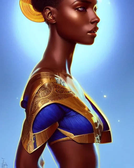 Image similar to Portrait of very very very very very very beautiful african woman, spacesuit, blue eyes, intricate, elegant, highly detailed, digital painting, artstation, concept art, smooth, sharp focus, illustration, art by artgerm and greg rutkowski and alphonse mucha