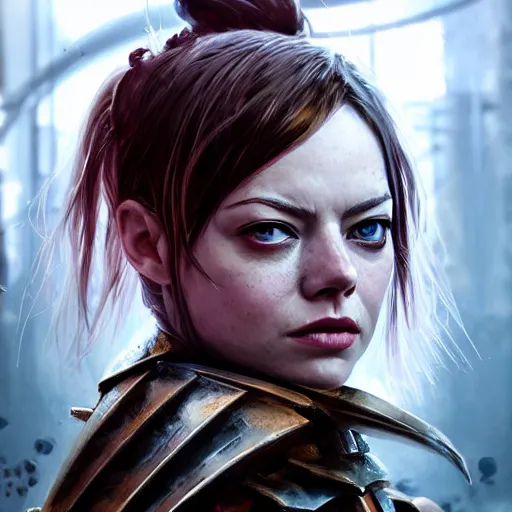 Image similar to emma stone portrait, dystopia core, apocalyptic, armor, warrior, dramatic, sharp focus, fiction, neon, fantasy, hyper detailed, digital art, trending in artstation, cinematic lighting, studio quality, smooth render, unreal engine 5 rendered, octane rendered, art style and nixeu and wlop and krenz cushart