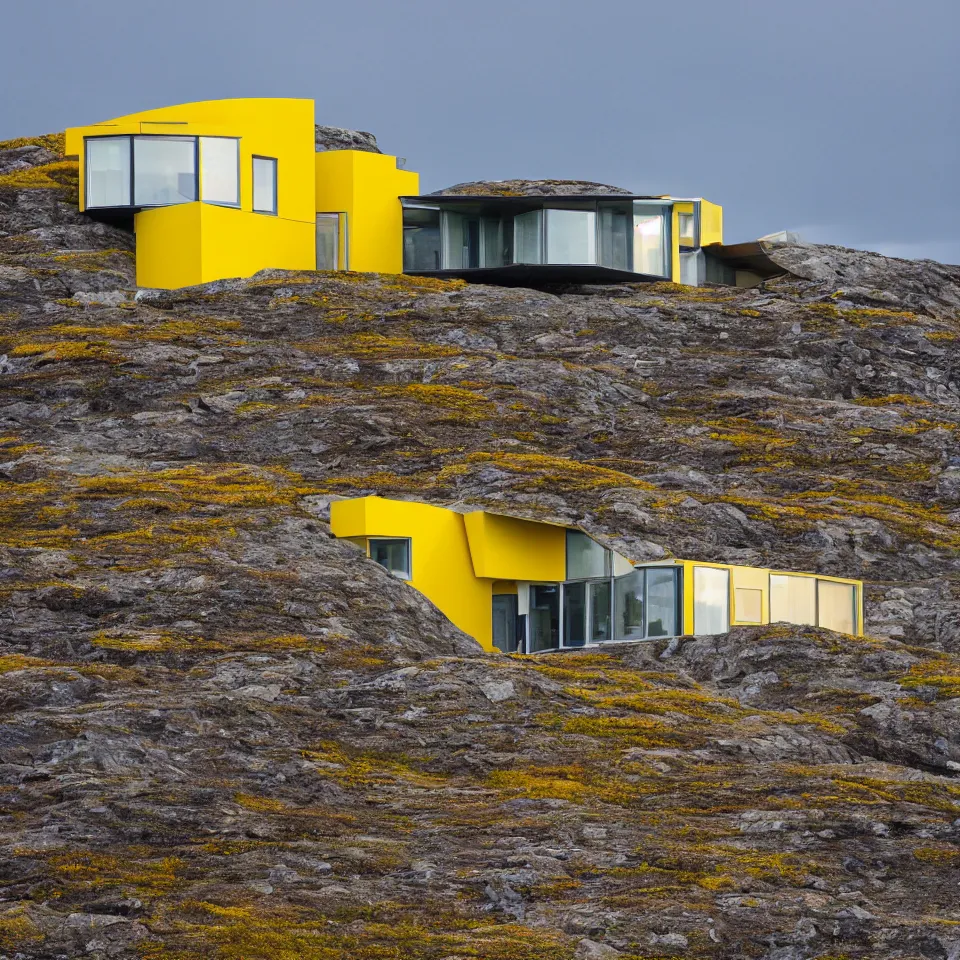 Image similar to a mid-century modern house on top of a cliff in the arctic, designed by Frank Gehry, with a long pathway toward it. Big tiles. Film grain, cinematic, yellow hue