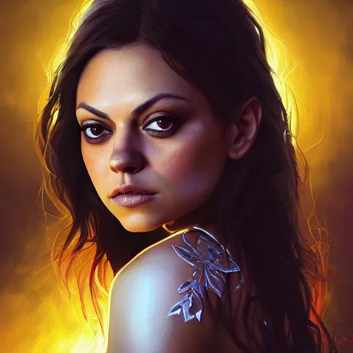 Image similar to closeup portrait of mila kunis as a beautiful radiant queen, crown, serene colors, lake background, complimentary contrast, dramatic lighting, masterpiece, high contrast, painted by stanley lau, painted by greg rutkowski, painted by stanley artgerm, digital art, trending on artstation