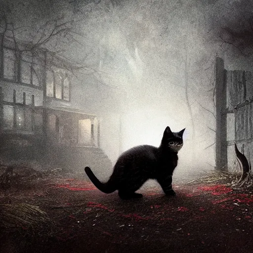 Image similar to a cat in a world full of ghosts, professional photo, professional lighting, trending on artstation, hdr, by albert bierstadt, well detailed, horror, in the style of stephen king, dark, mysterious, sinister