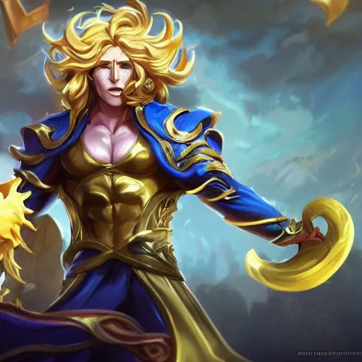 Image similar to Dio as a blond male demigod with beautiful long curly hair proclaiming victory over his subjects, grandiose royal palatial staging, official league of legends splash art, artstation HD