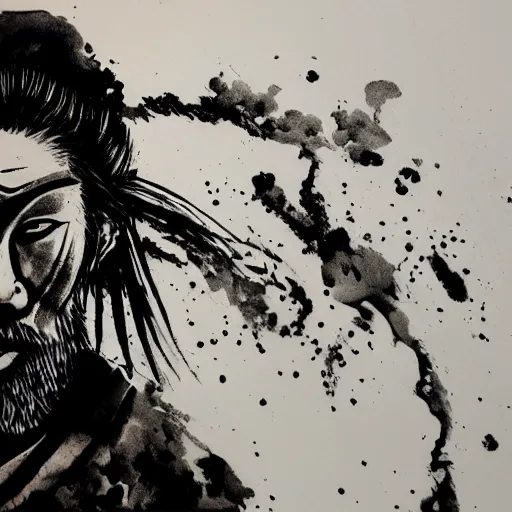 Image similar to intricate, realistic ink drawing of a samurai in a splash of ink, 8 k