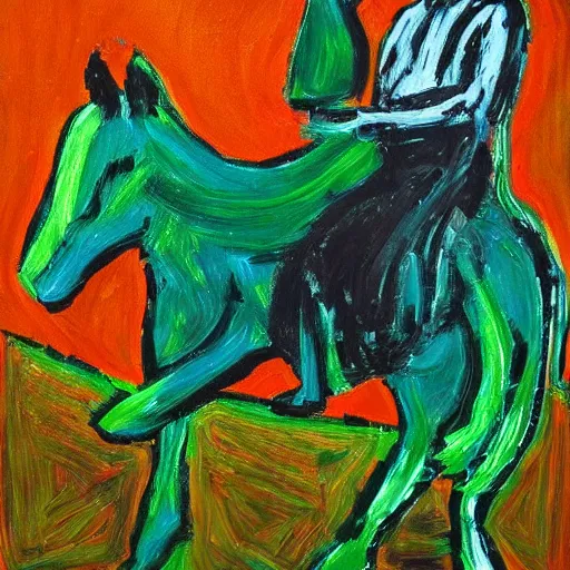 Prompt: “portrait of a man with green hair on a horse, abstract modern art”