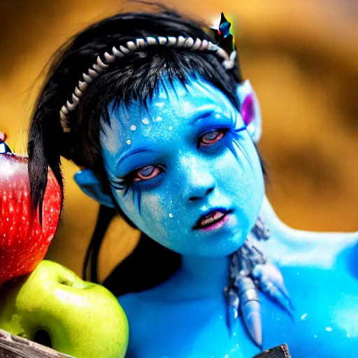 Image similar to a dnd Triton girl with blue skin and messy black hair wearing an elaborate costume made out of seashells sitting on the deck of a ship and holding an apple, a little blue-skinned girl with messy black hair sharp pointed ears freckles along the ridges of her cheeks, dnd triton, high resolution film still, 4k, HDR colors