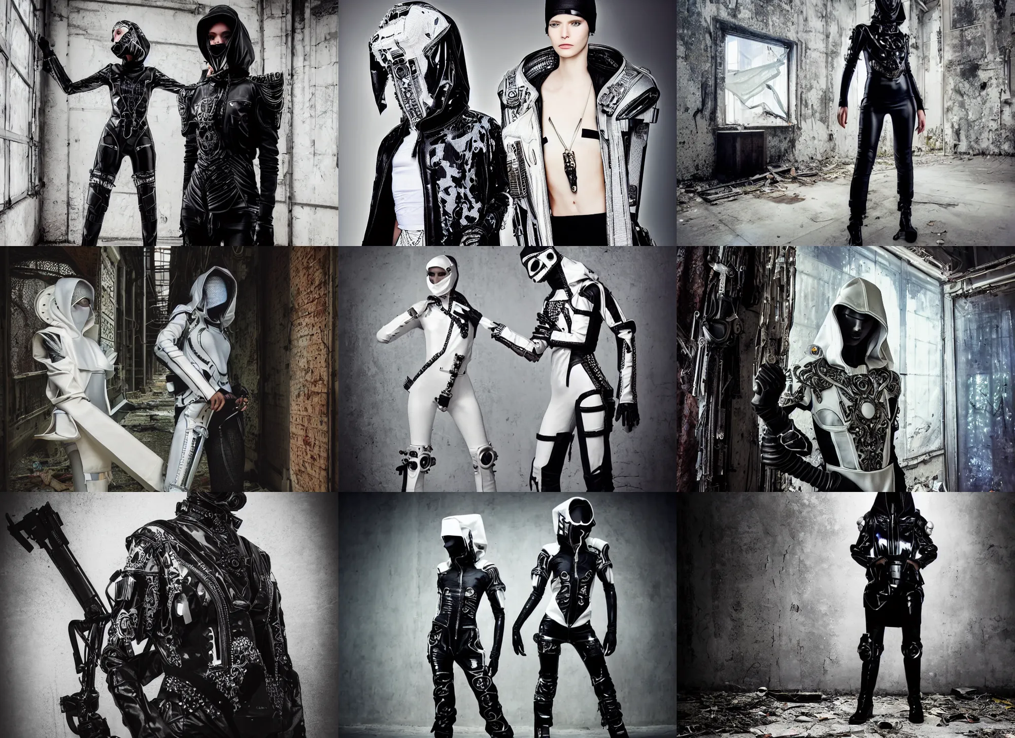 Prompt: beautiful fashion model with white majestic ornate sci - fi tactical gear, black leather garment, hologram sci - fi hood, full shot fashion photography, dark abandoned cyberpunk factory, by irving penn and storm thorgerson, ren heng, peter elson,