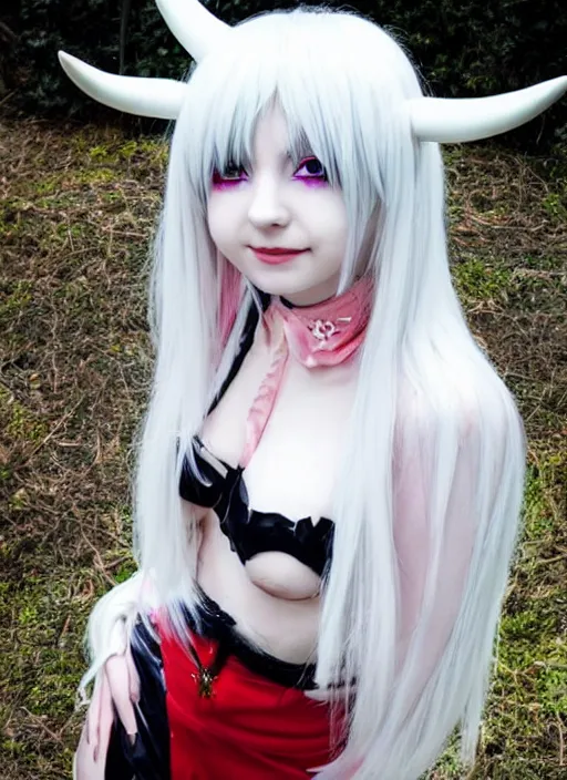 Image similar to white haired anime girl with horns, red eyes, cute