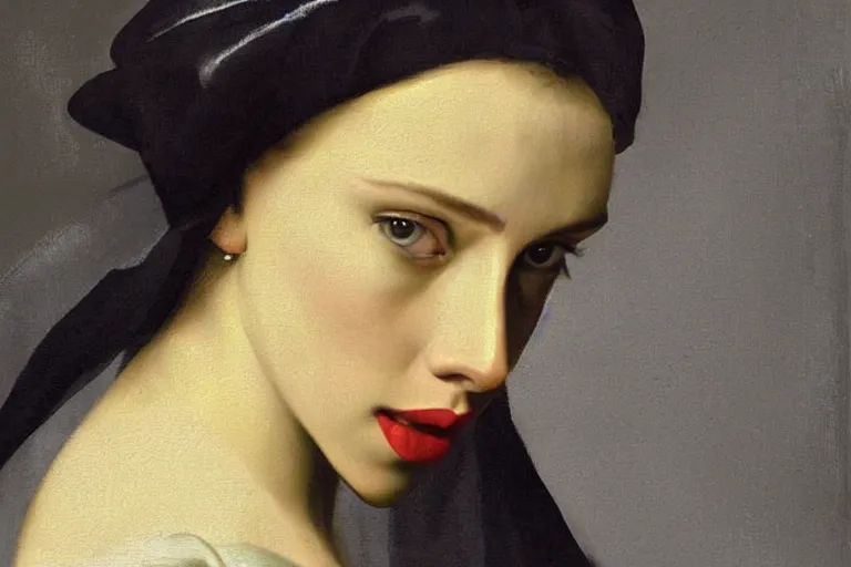 Prompt: beautiful portrait of scarlett johansson painted by vermeer