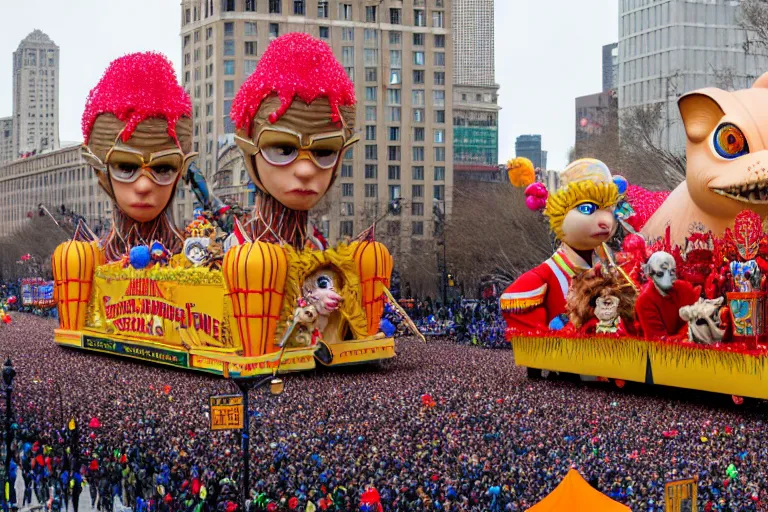 Image similar to photo of giant beautiful elaborate parade float designed by geoff darrow and wes anderson, in the macys parade, detailed 4 k photo