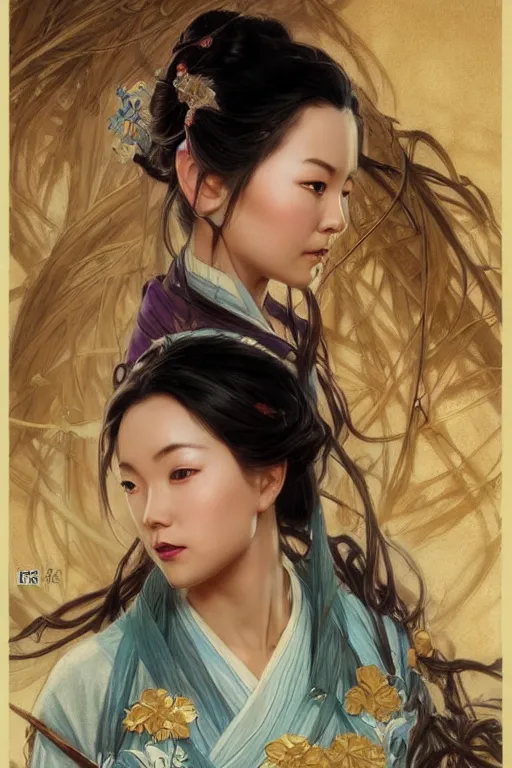 Prompt: mingna wen portrait, wuxia, fantasy, elegant, intricate, by stanley artgerm lau, greg rutkowski, thomas kindkade, alphonse mucha, loish, norman rockwell