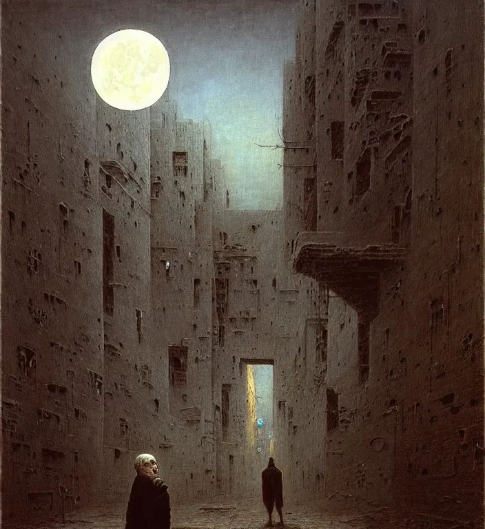 Prompt: old white - headed man under the huge moon on a street of ruined city by beksinski, very coherent, baroque elements