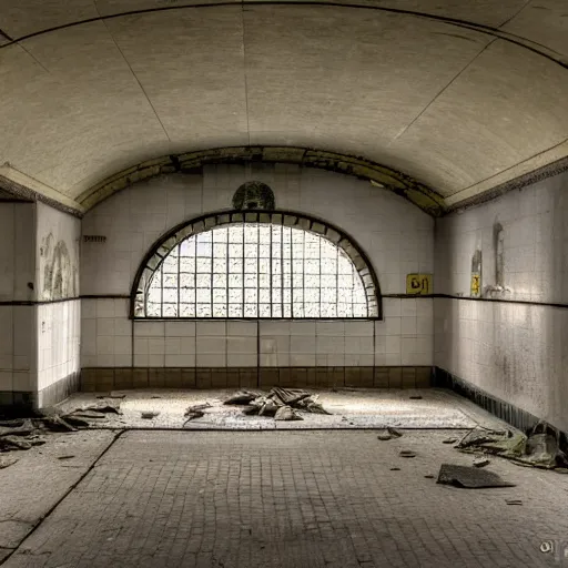 Prompt: color photo of an abandoned art deco subway station