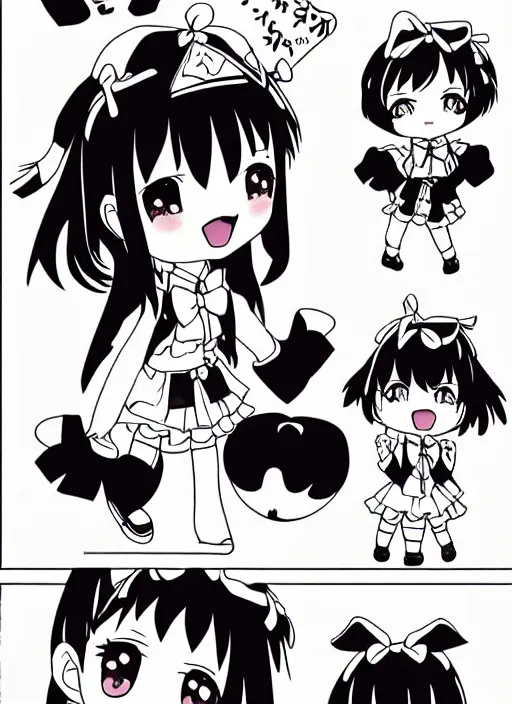 Prompt: manga style, black and white manga, kawaii chibi manga school girl kuudere by gen urobuchi and yuyuko takemiya