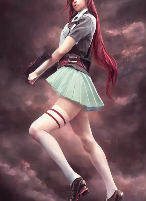 Image similar to a beautiful woman with school uniform, seifuku, pleated miniskirt, overknee socks, adriana lima, painted by artgerm and tom bagshaw, fantasy art, dramatic lighting, highly detailed oil painting, volumetric lighting