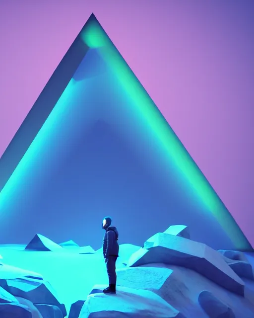 Image similar to a man standing in the middle of a mountain with a glowy neon triangle, a render by filip hodas, behance contest winner, environmental art, rendered in cinema 4 d, volumetric lighting