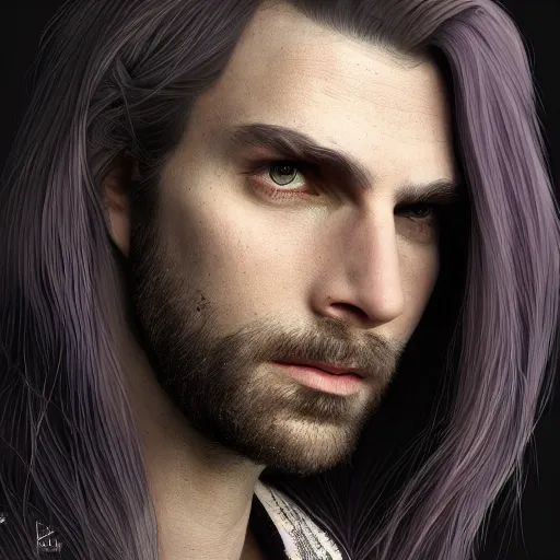 Image similar to a highly detailed portrait of a man with purple eyes, light gray long hair, beardless, without a beard, wearing a black cloak, artstation, DeviantArt, professional, octane render