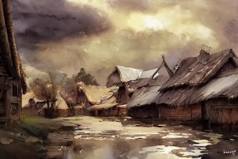 Image similar to paint brush strokes, abstract watercolor painting of rustic village house, medieval straw roof, scandinavian viking age, ambient lighting, art by hans dahl, by jesper ejsing, art by anders zorn, wonderful masterpiece by greg rutkowski, cinematic light, american romanticism by greg manchess, creation by tyler edlin