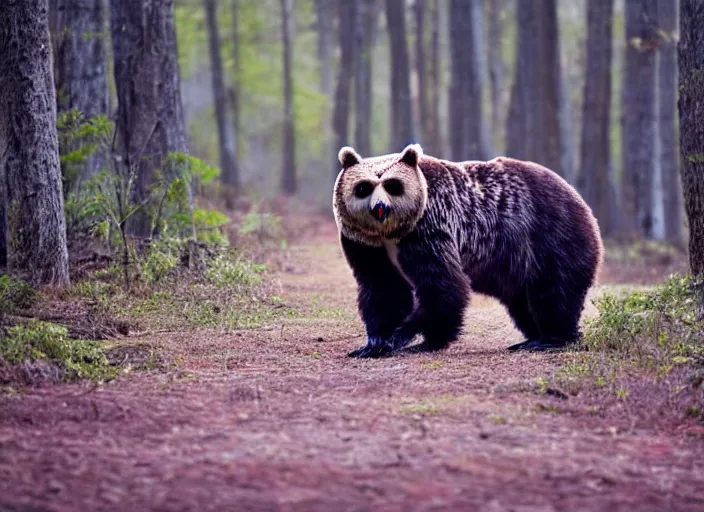 Image similar to an award winning photo of a owl - headed bear, very very bear, bear walking on all fours, full body portrait, forest, 4 k, wildlife photography, high quality, national geographic