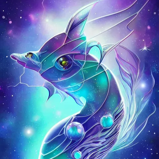 Prompt: geometric symmetrical vaporeon with galaxy eyes in space, nebula in the background, intricate, elegant, highly detailed, digital painting, artstation, concept art, smooth, sharp focus, illustration, art by artgerm