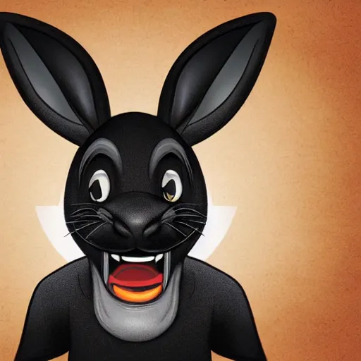 Image similar to A extremely highly detailed majestic hi-res beautiful, highly detailed head and shoulders portrait of a scary terrifying, horrifying, creepy evil black cartoon rabbit with scary big eyes, earing a shirt laughing in the style of Walt Disney