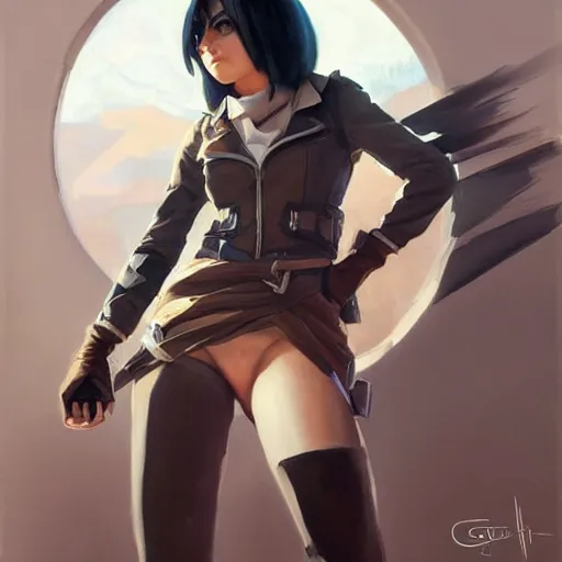 Image similar to greg manchess portrait painting of mikasa ackerman as overwatch character, medium shot, asymmetrical, profile picture, organic painting, sunny day, matte painting, bold shapes, hard edges, street art, trending on artstation, by huang guangjian and gil elvgren and sachin teng