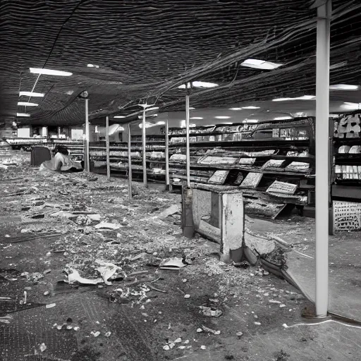 Image similar to a ransacked grocery store, broken signs, filthy flooring. Vines growing. Award-winning photo. OM system 12–40mm PRO II 40mm, 1/100 sec, f/2 8, ISO 800