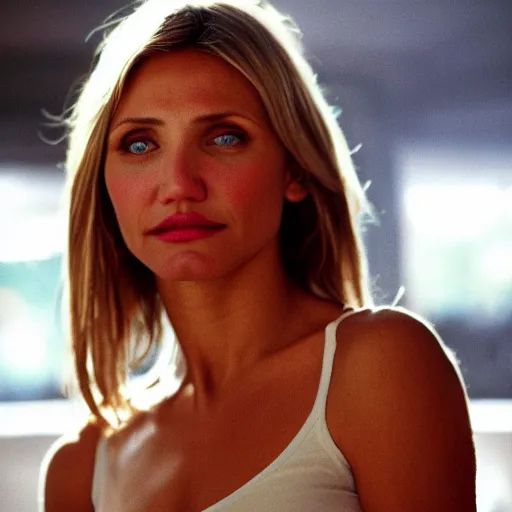 Image similar to close - up young cameron diaz, moody lighting, 8 k, shallow depth of field, cinematic lighting,