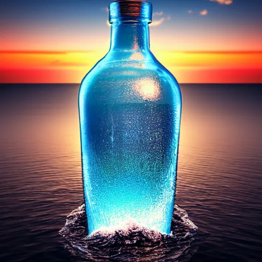 Prompt: surreal 3 d art of a human head stuffed in a bottle, on the ocean water, futuristic, glowing, hyper realistic, ray tracing, realistic water splashes, sharp focus, long shot, 8 k resolution, cinematic, photoshop art