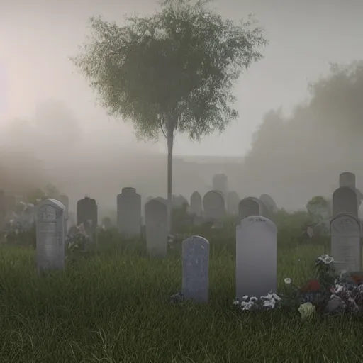 Image similar to still shot of a grave yard covered in morning fog, highly detailed, photorealistic portrait, bright studio setting, studio lighting, crisp quality and light reflections, unreal engine 5 quality render