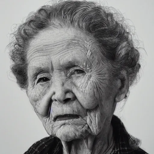 Prompt: A photo of a portrait of a 95 year old lady, 35 mm lens, black background , trending on Art Station, high detailed, photorealistic