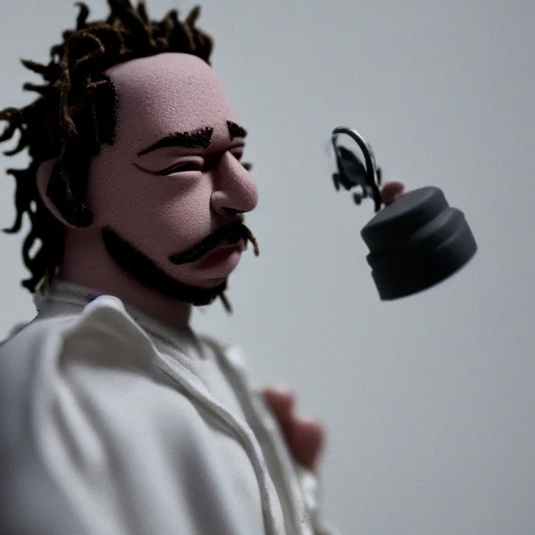 Image similar to a cinematic film still of a claymation stop motion film starring post malone, shallow depth of field, 8 0 mm, f 1. 8