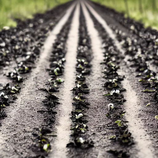 Image similar to black roses lined up on a gravel road, atmospheric light, 8 k photography