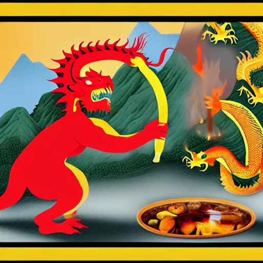 Prompt: Chinese president, bananas, dragon, fight, flaming mountain, fighting stance, painting