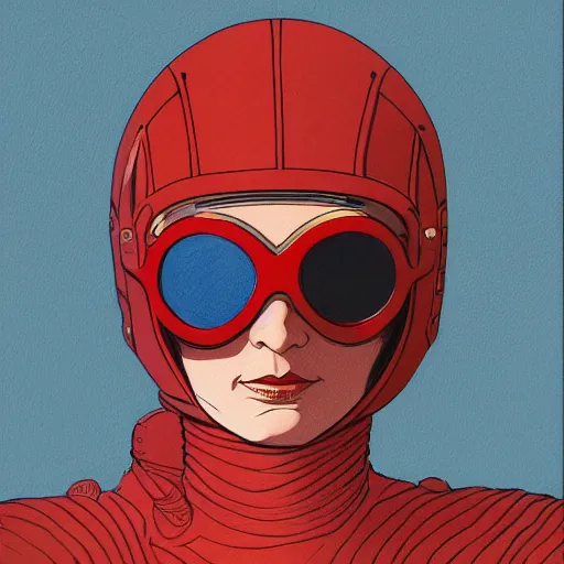 Prompt: woman wearing leather aviator helmet and googles, drawn by bernie wrightson and jean giraud and moebius, red tones, detailed drawing, flat colors