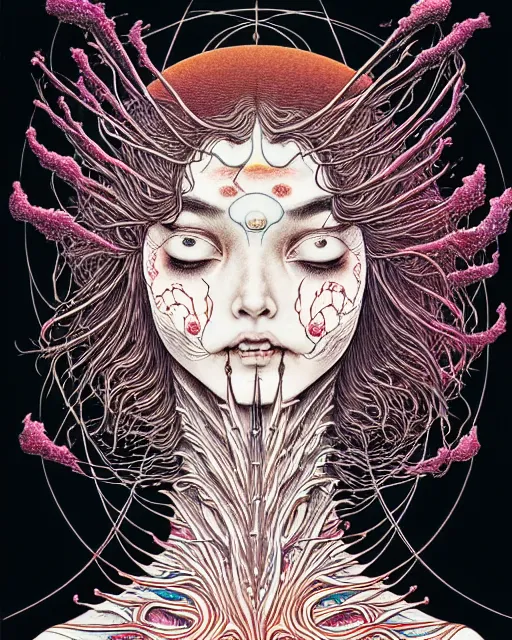 Image similar to human spirit breaking away from the body, conjuring psychedelic background, part by takato yamamoto, part by alex gray, ross tran, james jean, ultra realistic, highly detailed, 8 k, trending on artstation, cosmic, symmetry, masterpiece