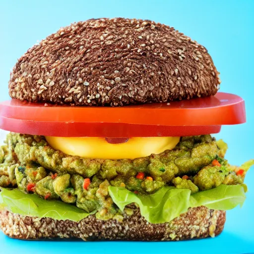 Image similar to vegan hamburger with guacamole topping crispy fried onion topping and fried egg topping, crispy buns, 8 k resolution, studio lighting, sharp focus, hyper - detailed