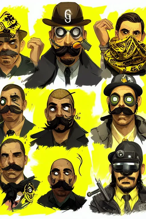 Prompt: gang saints wear yellow bandanas, and some of them have thick mustaches, concept art, pop art style, dynamic comparison, proportional, bioshock art style, gta chinatowon art style, hyper realistic, face and body features, without duplication noise, complicated, sharp focus, intricate, concept art, art by argerm dan richard hamilton