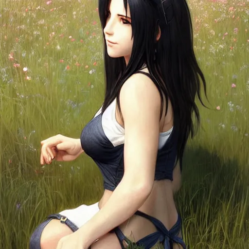 Prompt: tifa lockhart with robe with decollete and bra | | in a meadow!! summer, realistic shaded, pleasant face, fine details, medium shot, portrait, realistic shaded lighting poster by greg rutkowski, artgerm, kyoto animation and alphonse mucha