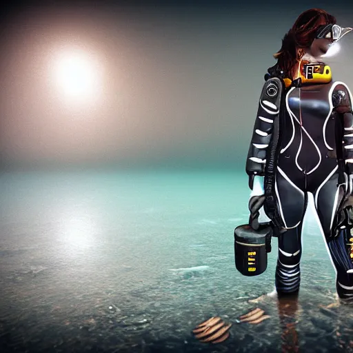 Image similar to full body portrait of an underwater diver by Sandra Chevrier in unreal engine