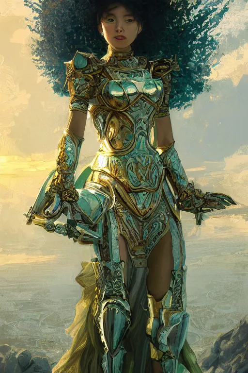 Image similar to portrait knights of Zodiac girl, metalic green and white reflected armor, in ruined Agora of Athens sunrise, ssci-fi, fantasy, intricate, very very beautiful, elegant, golden light, highly detailed, digital painting, artstation, concept art, smooth, sharp focus, illustration, art by tian zi and WLOP and alphonse mucha