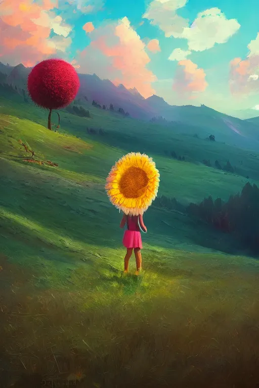 Image similar to giant daisy flower head, girl hiking in the mountains, surreal photography, sunrise, dramatic light, impressionist painting, colorful clouds, digital painting, artstation, simon stalenhag