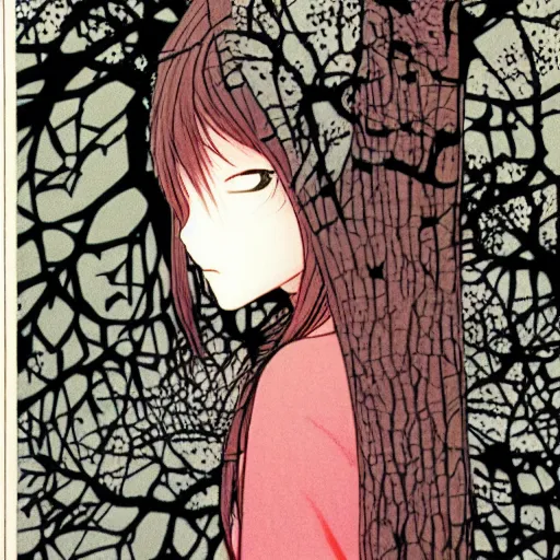 Image similar to detailed cute girl in a forest, style from asano inio, detailed face