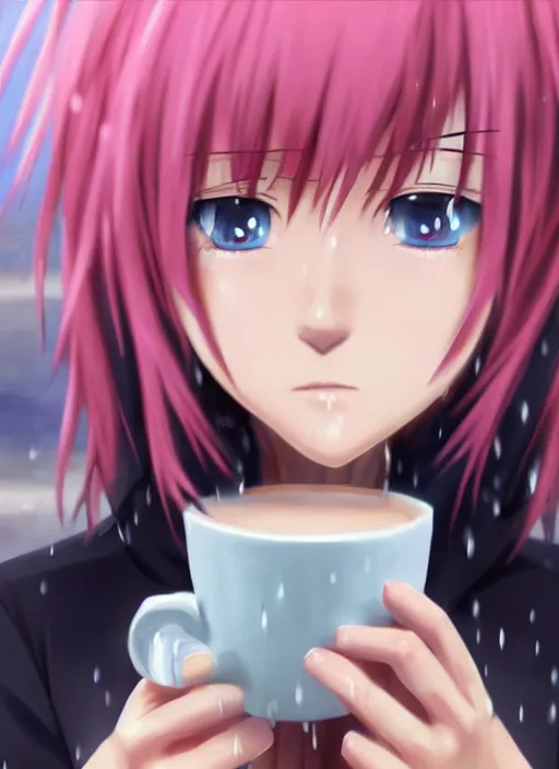 Prompt: a realistic anime painting of a girl with pink hair drinking a hot coffee on a rainy day. Close up of face. cinematic, 4k, artstation, beautiful
