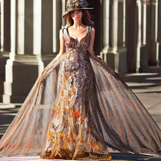 Image similar to exclusive evening dress made of bronze transparent fabric fantasy with colored flower petals made of fabric. intricate asymmetrical patterns. an elegant hat. hyperrealistic photos, clear details.