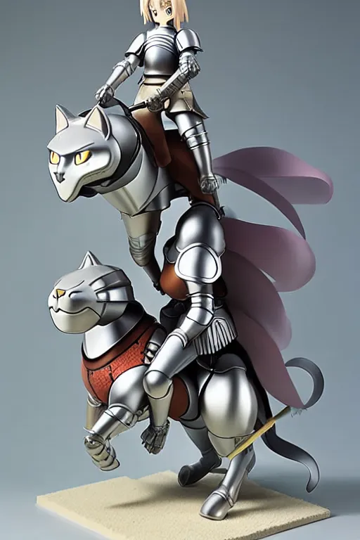 Image similar to female knight riding a heavy armored giant cat, finely detailed features, by studio ghibli